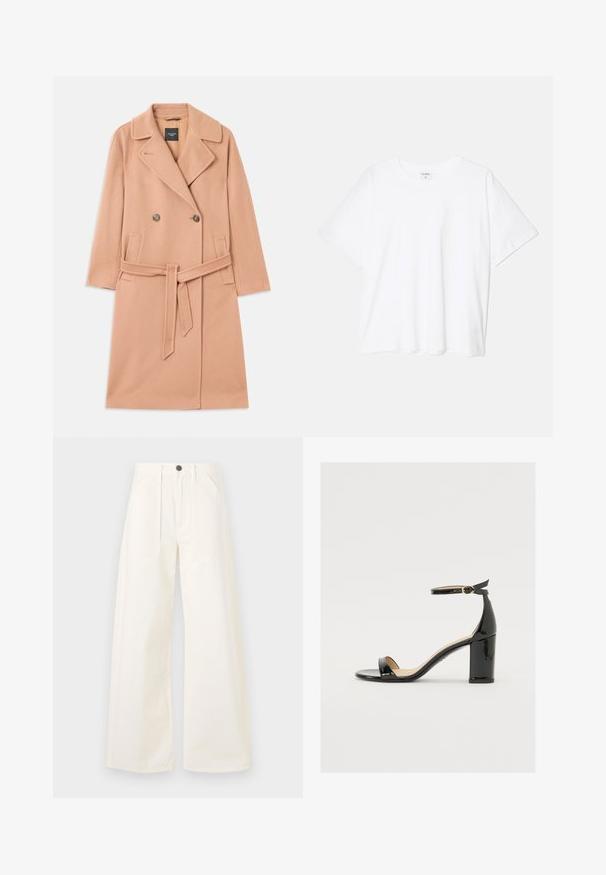 Casaco de mistura de lã em pêssego, design de dupla abertura, com grandes lapelas, dois bolsos frontais e um cinto correspondente na cintura.; T-shirt de algodão branco com mangas curtas, decote redondo, corte descontraído e bainha cosida. Etiqueta visível no interior do pescoço.; Pantalões de perna ampla em tecido de algodão off-white, com cintura alta, dois bolsos frontais e fecho de botão frontal único.; Sandal de pele sintética preta com salto largo, ponta aberta e tira no tornozelo com fivela dourada. Textura suave e design elegante.