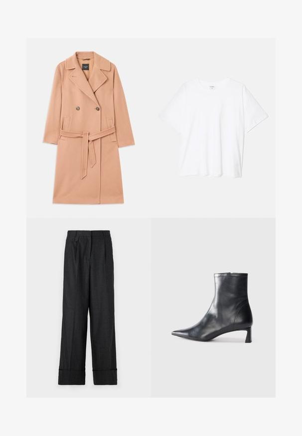 Persiku krāsas vilnas maisījuma mētelis ar divpusēju pogu aizdari, lieliem apkaklīšiem, divām priekšējām kabatām un atbilstošu jostu ap vidu.; Balta kokvilnas T-krekls ar īsām piedurknēm, apaļu dekoltē, brīva piegriezuma un šūtu apakšmalu. Etiķete redzama iekšējā kakla daļā.; Tumši pelēki bikses, kas izgatavotas no teksturēta auduma, ar svītrām, taisnu piegriezumu un saliektu apakšu ar krokām pie jostasvietas.; Melnas ādas potītes zābaki ar norādītu pirkstu un elegantu dizainu. Iezīmē zemu papēdi un rāvējslēdzēja aizdari aizmugurē. Gluda tekstūra.