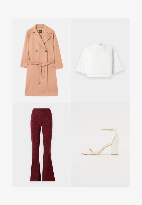 Peach-colored wool blend coat, double-breasted design, with large lapels, two front pockets, and a matching belt at the waist.; White cropped t-shirt with relaxed fit, short wide sleeves, round neckline, and side slits, made from soft cotton material.; Red flared pants featuring a velvety leopard print pattern, smooth texture, and an elastic waistband for comfort.; White leather block-heel sandal featuring an ankle strap with a buckle and minimalist design. Open toe and smooth textures throughout.