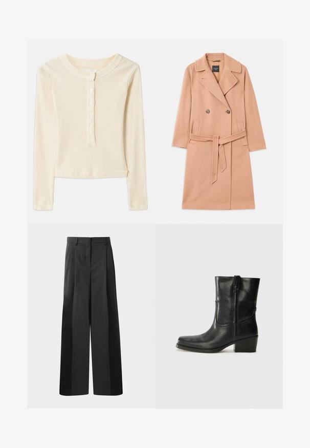 Persikinės spalvos vilnos mišinys paltas, dvigubų sagčių dizainas, su dideliais atvartais, dviem priekinėmis kišenėmis ir derančiu diržu liemens srityje.; Šviesiai geltona, raižyta ilgos rankovės palaidinė su apvalia iškirpte ir šešiais sagų užsegimais priekyje. Turinti trumpą hemą ir minkštą tekstūrą.; Juodos plačios kelnės su aukštu liemeniu, su priekinėmis raukšlėmis, glotnia tekstūra ir pritaikytu apdailos stiliumi. Sukurtos laisvam sėdėjimui.; Juodi odiniai aulinukai iki kulkšnies su apvali nosimi, blokuotais kulnais, šonine užtrauktuku ir siuvimo akcentais ant viršutinės dalies. Lygi tekstūra, klasikinis dizainas.