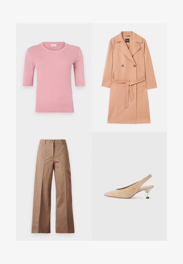 Casaco de mistura de lã em pêssego, design de dupla abertura, com grandes lapelas, dois bolsos frontais e um cinto correspondente na cintura.; Camiseta rosa feita de um tecido suave, com um decote redondo clássico e mangas curtas, apresentando um design ajustado e detalhes de costura subtis.; Calças largas castanhas feitas de um tecido suave, com fecho frontal por botão, dois bolsos frontais e linhas limpas e ajustadas.; Sapato slingback em camurça bege com bico apontado e um salto arredondado transparente. Textura suave e design minimalista.