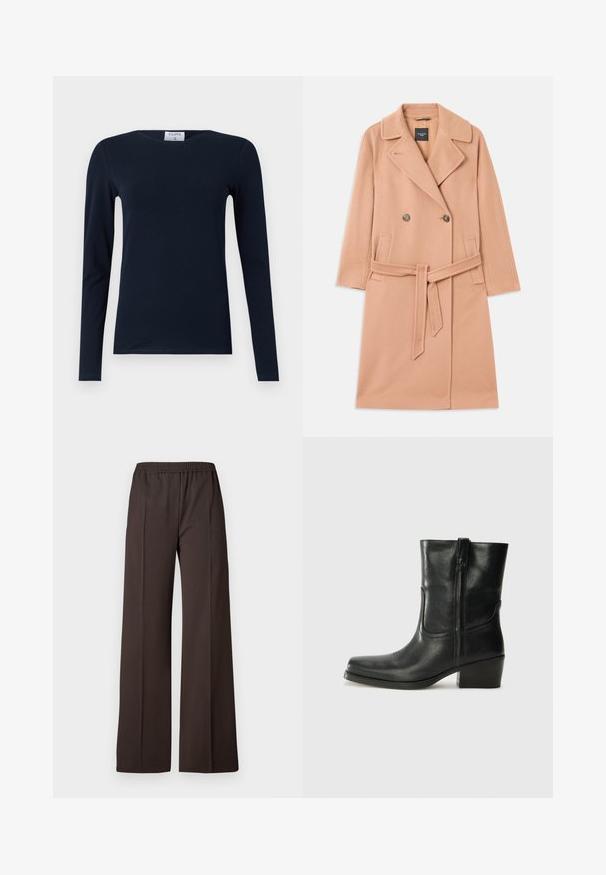 Palton din lână de culoare piersică, cu design dublu-botonat, cu rever mari, două buzunare frontale și o curea asortată la talie.; Tricou cu mânecă lungă de culoare navy, fabricat din bumbac moale. Are guler rotund, o croială slim fit și tiv regulat fără modele sau accente vizibile.; Pantaloni largi dintr-o țesătură maro închis cu un tiv elastic, având o textură netedă și linii curate pentru un aspect elegant.; Botine din piele neagră, cu vârf rotund, toc pătrat, fermoar pe lateral și accente de cusături pe partea superioară. Textură netedă, design clasic.