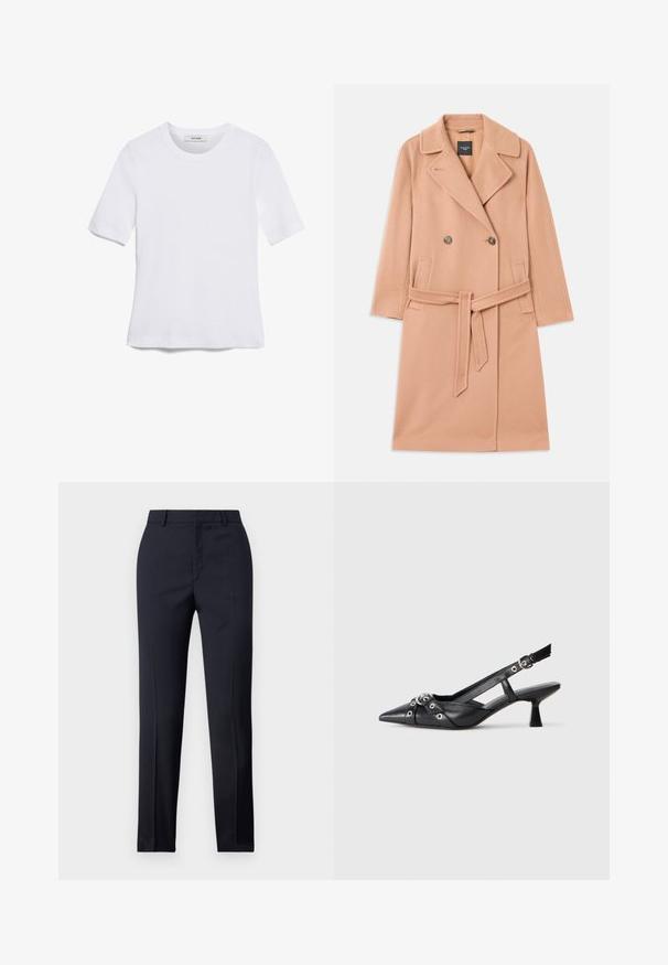 Casaco de mistura de lã em pêssego, design de dupla abertura, com grandes lapelas, dois bolsos frontais e um cinto correspondente na cintura.; T-shirt de manga curta branca feita de tecido canelado. Decote redondo, ajuste regular e detalhes de costura subtis. Sem padrões ou gráficos.; Calças ajustadas em azul-marinho com corte reto, apresentando uma textura suave, dois bolsos frontais e um cós liso.; Sapato slingback em couro preto com biqueira fina, tiras decorativas com ilhós de metal e um pequeno salto quadrado. Superfície texturizada.