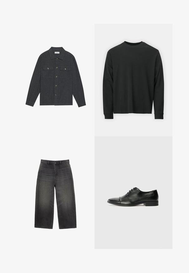 Camicia button-up grigio scuro con colletto, due tasche sul petto e maniche lunghe. Realizzata in un tessuto testurizzato con bottoni metallici.; Maglietta nera a maniche lunghe in cotone, con scollatura rotonda, vestibilità ampia e polsini a costine. Texture liscia senza motivi visibili.; Jeans in denim nero a gamba larga con finitura sbiadita, dotati di un classico design a cinque tasche e chiusura con bottone. Taglio dritto con superficie testurizzata.; Scarpe eleganti in pelle nera con punta affusolata, lacci e dettagli di cucitura sottili. Presentano un tacco a blocco basso e una finitura lucida e liscia.