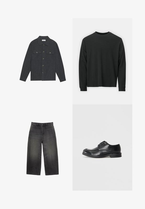 Tamno sivi košulja s dugim rukavima, koja ima ovratnik i dva džepa na prsima. Izrađena je od teksturiranog materijala s metalnim gumbima.; Dugi rukav crni majica od pamuka, s okruglim izrezom, slobodnog kroja i rebrastim manžetama. Glatka tekstura bez vidljivih uzoraka.; Široke crne traperice od denima s izbljeđenim završetkom, s klasičnim dizajnom s pet džepova i kopčanjem na dugme. Ravnog kroja s teksturiranom površinom.; Crne kožne cipele na vezanje s okruglim vrhom, glatkom teksturom i niskim potpeticama. Sadrže detalje šivanja duž gornjeg dijela i bočnih strana.