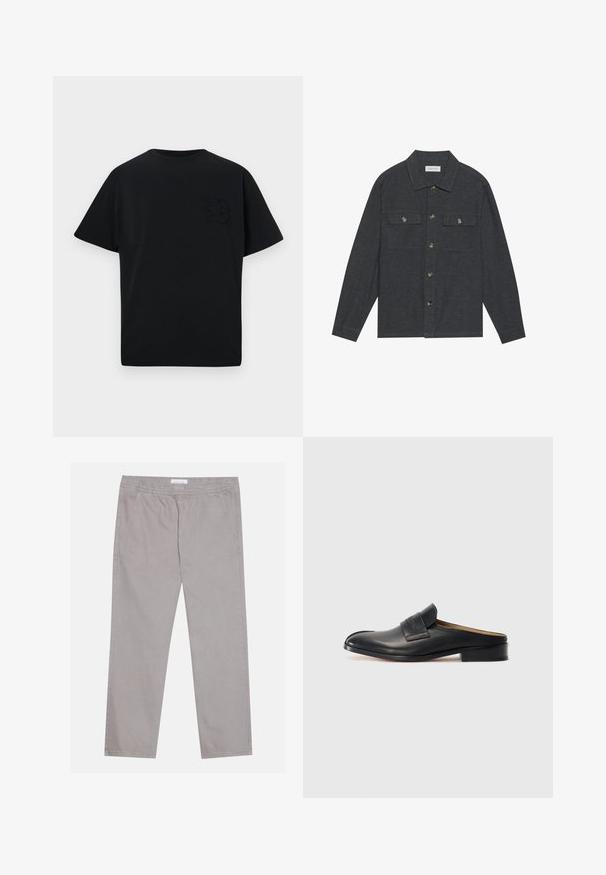 Tmavošedá košeľa na gombíky s golierom, dvoma vreckami na hrudi a dlhými rukávmi. Vyrobená z textúrovanej látky s kovovými gombíkmi.; Čierne tričko s voľným strihom, krátkymi rukávmi a jemne embosovaným písmenom "B" na ľavej hrudi. Vyrobené z hladkej bavlnenej látky.; Svetlo šedé bavlnené nohavice s elastickým pásom, dvoma bočnými vreckami, rovnými nohavicami a hladkou textúrou. Jednoduché švy.; Čierne kožené šľapky s okrúhlou špičkou, nízkym blokovým podpätkom a predným remienkom. Hladká textúra s jemným detailom loga na remienku.