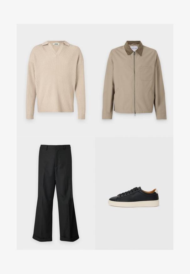 Beige Jacke mit einem braunen Wildlederkragen, Frontreißverschluss, zwei Seitentaschen und einer Brusttasche. Glatte Textur und modernes Design.; Beige gerippter Strickpullover mit V-Ausschnitt und Kragen, mit langen Ärmeln und einer lockeren Passform, hergestellt aus einem weichen, strukturierten Stoff.; Schwarze weit geschnittene Hosen mit geknöpftem Bund und umgeschlagenen Säumen, vor einem schlichten weißen Hintergrund präsentiert.; Schwarze Ledersneaker mit glatter Textur, beiger Gummisohle, Schnürdesign und einem kontrastierenden Fersenakzent.