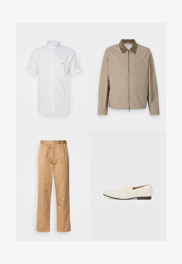 Giacca beige con colletto in suede marrone, zip frontale, due tasche laterali e una tasca sul petto. Texture liscia e design moderno.; Camicia bianca a maniche corte con bottoni, realizzata in cotone leggero, caratterizzata da una tasca sul petto e un logo sottile sulla tasca. Texture liscia.; Pantaloni kaki, in misto cotone, design a gamba dritta, con pieghe frontali, passanti per cintura e chiusura a bottone. Tessuto liscio senza fantasie.; Mocassini beige chiaro con punta affusolata, materiale liscio, una fascia sulla tomaia e una suola bassa marrone. Design semplice con accenti minimi.