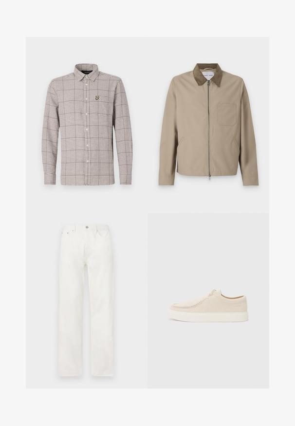 Beige jakke med brun semsket krage, frontglidelås, to sidelommer og en brystlomme. Glatt tekstur og moderne design.; Rutet skjorte i beige og brune farger, med lange ermer, krage og en liten brodert logo på brystlommen.; Hvite denimjeans med rette ben, knapp- og glidelås-lukking, fem-lommers design og uten synlige mønstre eller detaljer.; Lys beige semsket sneakers med avrundet tå, minimal søm og hvit gummisåle. Har en enkel snøring og et merkeinnslag.