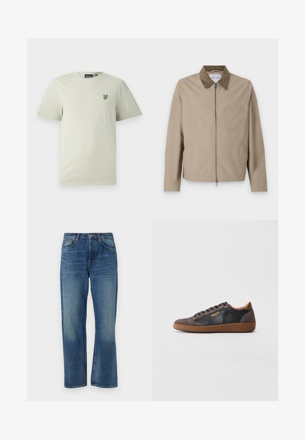Béžová bunda s hnedým semišovým golierom, predným zipsom, dvoma postrannými vreckami a vreckom na hrudi. Hladká štruktúra a moderný dizajn.; Svetlozelené bavlnené tričko s krátkymi rukávmi a okrúhlym výstrihom, s malým zeleným vyšitým logom na ľavej strane hrudníka.; Modré džínsy s rovnými nohavicami, so klasickým dizajnom piatich vreciek, vyblednutou textúrou a akcentmi z medi na nitkách.; Nízkopriané tenisky z čiernej a hnedej kože s semišovými detailmi, šnurovacie predné zapínanie a textúrovaná hnedá gumová podrážka, logo na bočnej strane.