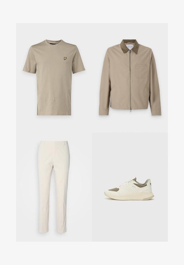 Beige jakke med en brun ruskinds krave, lynlås foran, to sidelommer og en brystlomme. Glat tekstur og moderne design.; Lyle & Scott T-shirts basic - sage; Cremefarvede skrædderbukser i et struktureret stof. Har en lige ben-design, bæltestropper og to forlommer. Ingen mønstre.; Hvide og lyse beige sportssko med en mesh-overdel, perforerede detaljer og en tekstureret mellemsål med branding på hælen.