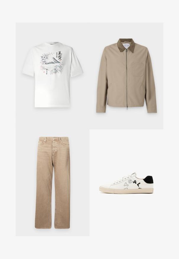 Bēša jaka ar brūnu zamša apkakli, priekšējo rāvējslēdzēju, divām sānu kabatām un vienu krūšu kabatu. Gluda tekstūra un mūsdienīgs dizains.; Balts kokvilnas T-krekls ar īsām piedurknēm, uz kura ir grafika ar Fuji kalnu, kas apņemts ar ziediem un japāņu tekstu daudzkrāsainā dizainā.; Beige džinsu bikses ar taisnu piegriezumu, piecas kabatas, pogu aizdari un kontrastējoša šuvuma apdari. Gluda tekstūra un minimāls nodilums.; Baltas ādas sporta apavi ar melniem akcentiem pie papēža, ar izteiktu melnu uzrakstu sānos un gumijas zoli. Minimālistisks dizains.