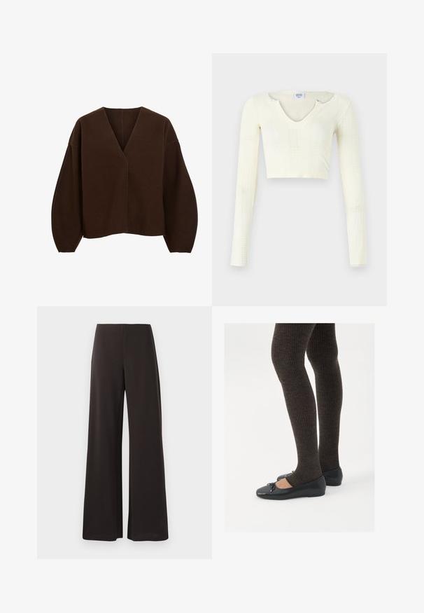 Barna, oversized pulóver V nyakkal és hosszú, ballon stílusú ujjal. Puha anyagból készült, sima tapintással és minimális varrási részletekkel.; Off-white kötött anyagú crop top. Hosszú ujjak, bordás textúrával és kis kivágásokkal a nyakkivágás körül.; Fekete, bővítő nadrág sima, rugalmas anyagból készült. Magas derekú, letisztult, minimalista dizájnnal rendelkezik, amelyen nincsenek látható záródások.; Fekete lapos cipők kis masni díszítéssel az orrán, sötétbarna bordázott harisnyával párosítva. A cipők sima textúrával és alacsony profilúak.