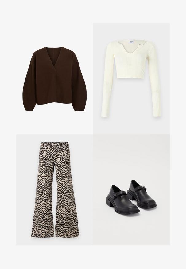 Brun, overdimensjonert genser med V-hals og lange, ballonglignende ermer. Laget av myk stoff med en jevn tekstur og minimale søm detaljer.; Crop top i off-white strikkemateriale. Lange ermer med ribbet tekstur og små utskjæringer rundt halslinjen.; Bredde ben bukser laget av stoff med et beige og svart zebra-mønster, med høy midje og tradisjonell fem-lomme design.; Sorte lærersko med rund tå, flat såle og en rem med spenne-detalj. Kraftig blokkhæl for bedre stabilitet.
