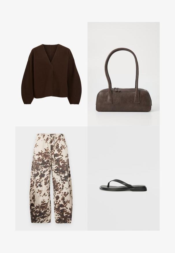 Ruskea, ylimitoitettu neulepaita, jossa on V-kaula-aukko ja pitkät, pallotyyppiset hihat. Valmistettu pehmeästä kankaasta, jossa on sileä rakenne ja minimimäärä ompeluyksityiskohtia.; Lyhyt toppi off-white neulemateriaalista. Pitkät hihat, joissa on ribbitekstuuri ja pieniä leikkuukohtia kauluksessa.; Beige levelekkarhuppuja, joissa on ruskea roiskepainatus. Ominaisuuksiin kuuluu joustava vyötärö ja kaksi sivutaskua.; Mustat varvastossut, joissa on sileä nahkapinta, ohut hihna ja litteä pohja, jossa on minimalistinen muotoilu. Ei huomattavia kuvioita tai koristeita.; Ruskea nahkalaukku, jossa on kaksi tukevasti kantavaa kahvaa, suorakaiteen muotoinen, sileä pinta ja vetoketjukiinnitys. Minimalistinen muotoilu ilman näkyviä kuvioita.