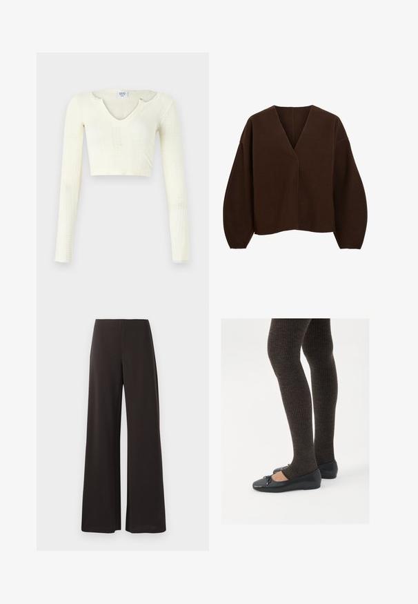Rjav, prevelik pulover z V-izrezom in dolgimi balonastimi rokavi. Narejen iz mehkega blaga z gladko teksturo in minimalnimi šivi.; Kratka majica iz off-white pletenine. Dolgi rokavi z rebrastim vzorcem in manjšimi izrezi okoli izreza.; Črne široke hlače z gladkim, raztegljivim materialom. Imajo visok pas in čist, minimalističen dizajn brez vidnih zaponk.; Črne ravne čevlje z majhnim lokom na prstih, v kombinaciji s temno rjavimi rebrastimi nogavicami. Čevlji imajo gladko teksturo in nizko obliko.