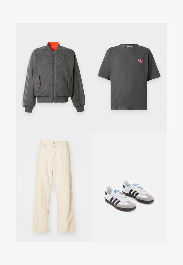 Halli tekstureeritud jakk, mis on varustatud tõmblukuga, ribaköidikute ja hemiga, klapiga taskud, diskreetne Adidas'i logo ja oranž kaeluse vooder.; Tumedashalline lühikeste varrukatega T-särk, millel on vasakul rinnal väike roosa Adidas trefoil logo, esitatud valge tausta ees.; Heledadest lõdvad püksid heles beežis, esitaskute, nööp sulgemise ja nähtavate õmblusdetailidega, mis lisavad tekstuuri.; Spordijalatsid valge nahkpealsega, halli nubuk-naha otsaga ja kolme musta triibuga. Omab sinist logo keele peal ja struktureeritud kummitalda.