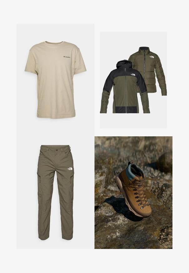 D dvije jakne: vodootporna, s kapuljačom zelena s crnim detaljima i lagana zelena puffer jakna. Obje imaju logotipe na prsima.; Bež majica od pamuka s kratkim rukavima, okruglim izrezom i malim crnim logotipom na lijevoj strani prsnog područja. Glatka tekstura, ležeran dizajn.; Maslinasto zelene hlače za vanjske aktivnosti, izrađene od lagane tkanine, s cargo džepovima, patentnim zatvaračima i logom na gornjem dijelu bedra.; Smeđe planinarske čizme sa sintetičkim gornjim dijelom, svijetloplavim okvirom, metalnim rupama za vezivanje i teksturiranom gumom potplatom. Dizajnirane za aktivnosti na otvorenom.