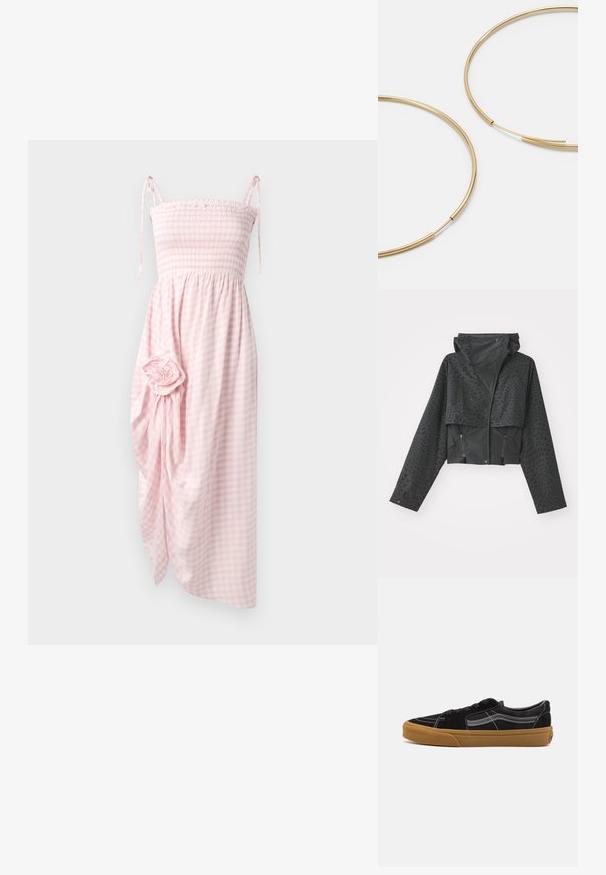 Melns īsais tens, kas aprīkots ar kapuci, ar tekstūru ģeometrisko rakstu, garām piedurknēm un aizveramiem sānu kabatām. Izgatavots no viegla materiāla.; Rozā smockota gingham kleita ar sasienamām siksnām, ap potītēm, ar krītošu audumu un ziedu akcentu detaļu sānos. Tekstūrveida audums.; Melnbra zamša sporta apavi ar baltām šuvēm un raksturīgo sānu strīpu, ar brūnu gumijas zoli un zemu dizainu. Saistīti ar melnām šņorēm.; Zelta krāsas auskari gredzena formā, plāni un apaļi, ar gludu metāla apdari un bez rotājumiem vai zīmējumiem.