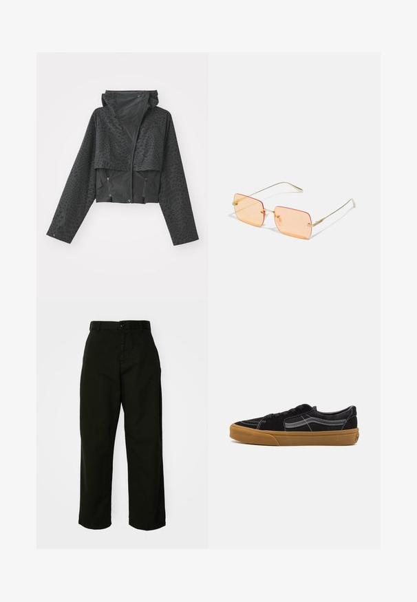 Černá zkrácená bunda s kapucí, zdobená texturovaným geometrickým vzorem, s dlouhými rukávy a bočními kapsami na zip. Vyrobena z lehkého materiálu.; Dvě bezramínková trička v černé a bílé barvě, vyrobená z žebrované bavlny, s kulatými výstřihy a přiléhavým střihem. Obojí má viditelné štítky.; Černé kalhoty s širokými nohavicemi vyrobené z odolné bavlny. Obsahují zapínání na knoflík a postranní kapsy. Hladká textilie a precizní provedení.; Černé semišové tenisky s bílým šitím a charakteristickým bočním pruhem, s hnědou gumovou podrážkou a nízkým střihovým designem. Zavázané černými tkaničkami.; Sluneční brýle s zlatým kovovým rámem a obdélníkovými čočkami s oranžovým nádechem. Charakteristické tenké nožičky a jemné texturované detaily poblíž pantů.; Digitální náramkové hodinky se zlatým obdélníkovým pouzdrem, černým LCD displejem a černým kovovým páskem. Obsahují funkci budíku a odolnost proti vodě.; Zlaté kruhové náušnice, tenké a kulaté, s hladkým kovovým povrchem a bez zdobení či vzorů.