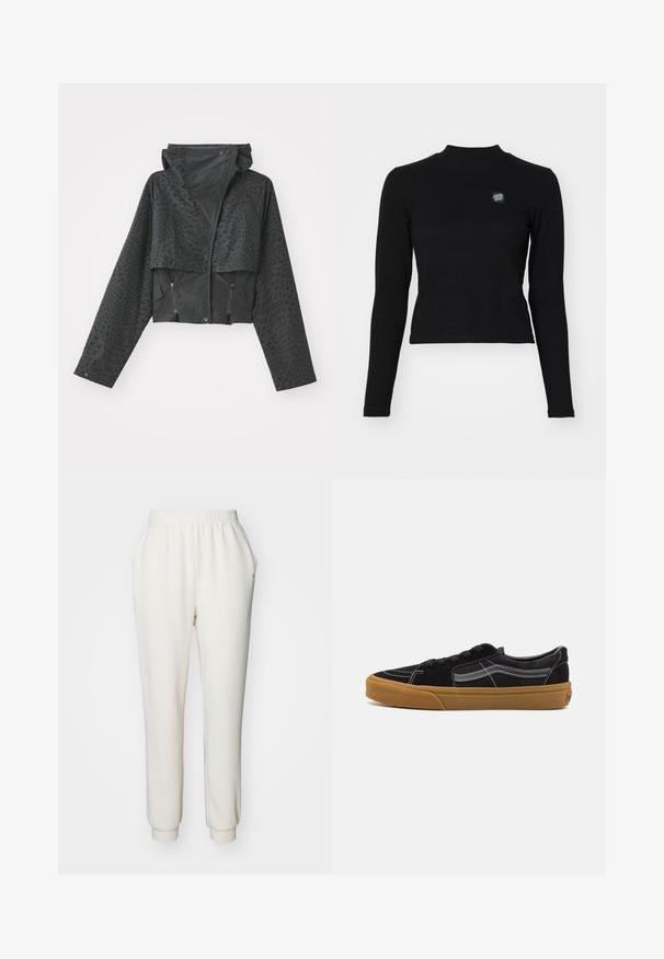 Sort cropped jakke med hætte, der har et struktureret geometrisk mønster, lange ærmer og lynlåslomme på siderne. Fremstillet af et let materiale.; Sort langærmet top med ribbet tekstur, høj hals og et lille broderet logo på venstre bryst. Har et tætsiddende cropped design.; Hvide, tapered sweatpants i blødt stof med elastisk talje og manchetter ved anklerne. Har sidelommer for bekvemmelighed.; Sorte ruskindssneakers med hvid syning og signatur sidelængde, med en tan gummisål og lavtopdesign. Snøret med sorte snørebånd.