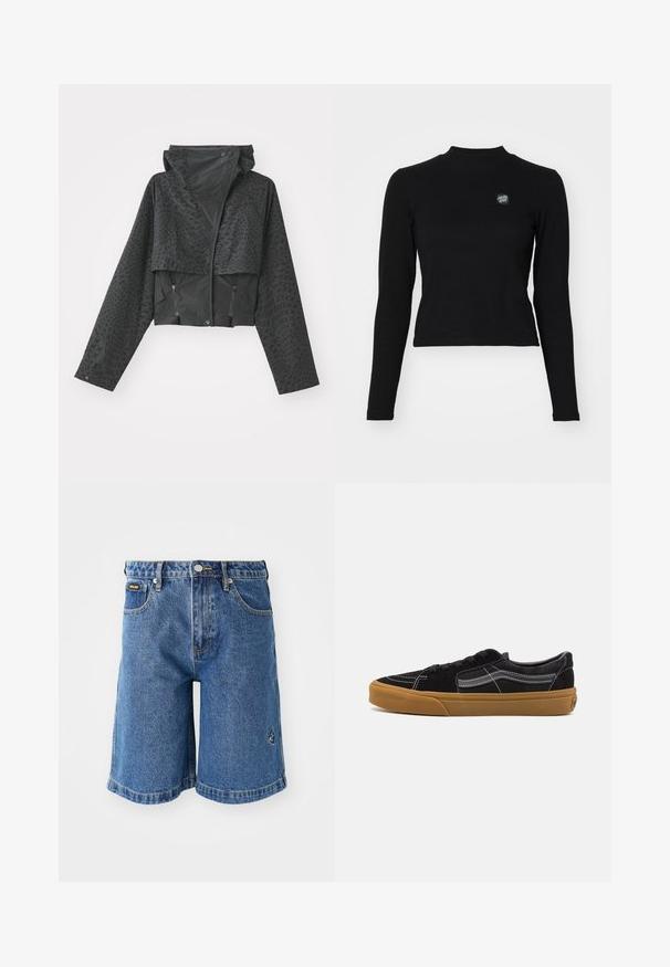 Juodas trumpas švarkas su kapišonu, puikuojantis tekstūriniu geometriniu raštu, ilgomis rankovėmis ir užtrauktukais šoninėse kišenėse. Pagamintas iš lengvos medžiagos.; Juoda ilgomis rankovėmis palaidinė su juostele, aukštu kaklu ir mažuoju siuvinėtų logotipu kairiajame krūtinės šone. Palaidinė turi prigludusį trumpą dizainą.; Mėlyni džinsiniai šortai su tiesiu siluetu, penkiomis kišenėmis ir kontrastingomis geltonomis siūlėmis. Kairėje pusėje yra mažas logotipas.; Juodi suede sportbačiai su balta siūle ir firminiu šoniniu juosteliu, turintys rudą gumos padą ir žemo profilio dizainą. Su juodais raišteliais.