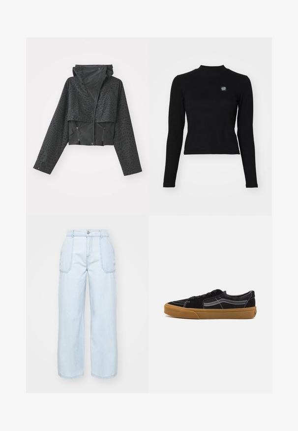 Must musta jakk, millel on kapuuts, tekstuurse geomeetrilise mustriga, pikad varrukad ja lukuga küljetaskud. Valmistatud kergest materjalist.; Must mustribi pikkade varrukatega topp mustas, kõrge kaelusega ja vasakul rinnal väikese tikandiga logoga. Omab sobivat lühikest disaini.; Heledad sinised laiad teksad, valmistatud denimist, esifiki ja kahte küljetaskut kaunistavad nähtavad õmblused.; Mustad sametist sneakerid valgete õmbluste ja allkirja küljeribaga, tan värvi kummitald ja madal disain. Mustade paeltega seotud.