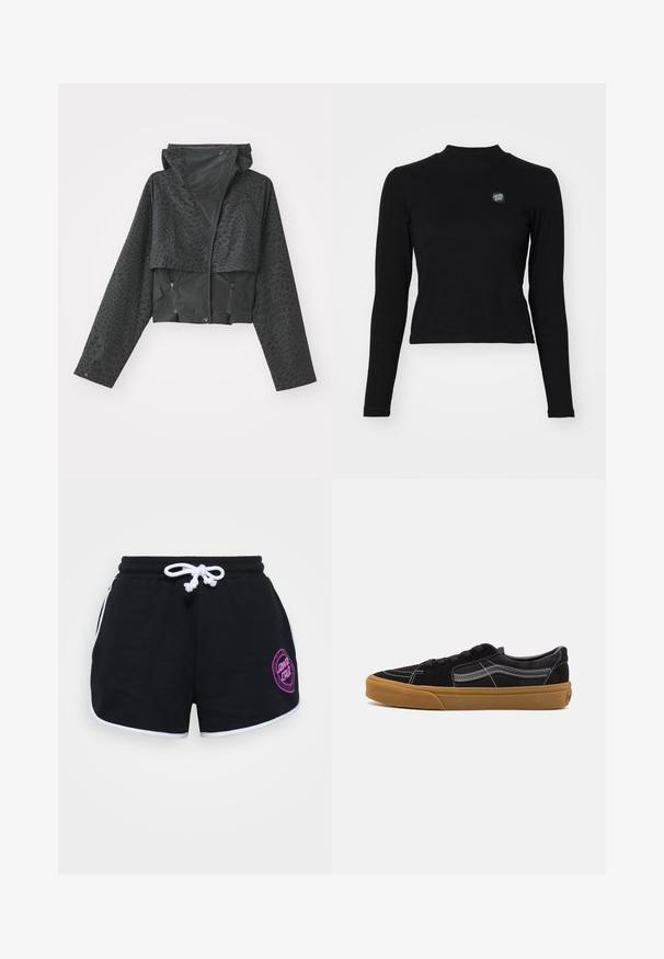 Černá zkrácená bunda s kapucí, zdobená texturovaným geometrickým vzorem, s dlouhými rukávy a bočními kapsami na zip. Vyrobena z lehkého materiálu.; Černý top s dlouhým rukávem, ribovanou texturou, vysokým výstřihem a malým vyšitým logem na levé hrudi. Má přiléhavý zkrácený střih.; Černé šortky z bavlny, které mají bílou šňůrku, bílý lem a na přední pravé straně fialové kruhové logo.; Černé semišové tenisky s bílým šitím a charakteristickým bočním pruhem, s hnědou gumovou podrážkou a nízkým střihovým designem. Zavázané černými tkaničkami.