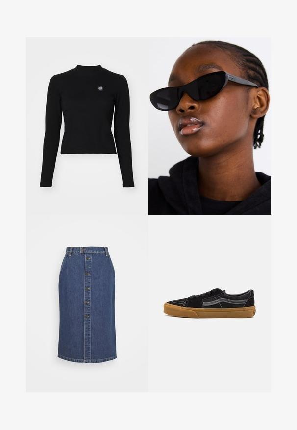 Melns īsais tens, kas aprīkots ar kapuci, ar tekstūru ģeometrisko rakstu, garām piedurknēm un aizveramiem sānu kabatām. Izgatavots no viegla materiāla.; Melnas garām piedurknēm top ar ribota tekstūra, augstu kakla izgriezumu un mazu izšūtu logotipu kreisajā krūtīs. Iezīmēta pieguļošā īsajā dizainā.; Tumši zila džinsu svārku zīmē, ar priekšu pogu aizdari, vertikālām šuvju detaļām un klasisku apakšmalu.; Melnbra zamša sporta apavi ar baltām šuvēm un raksturīgo sānu strīpu, ar brūnu gumijas zoli un zemu dizainu. Saistīti ar melnām šņorēm.; Melnas kaķa acs saulesbrilles ar matētu apdari, kas izceļas ar elegantu dizainu un maigi izliektiem stūriem, fona attēlā ir modelis ar tumšām drēbēm.