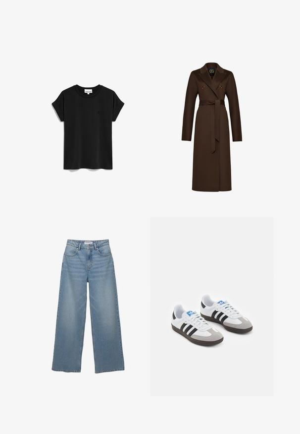 Bruine wollen trenchcoat van een wolmix met een reverskraag, dubbel-knopensluiting en een zelf te strikken riem. Lange mouwen en recht gesneden.; ARMEDANGELS IDAARA - T-shirt basic - black; Lichtblauwe wijde jeans van denim. Heeft een hoge taille, vijf zakken en een rechte pasvorm met minimale vervaging.; Sportschoenen met een witte leren bovenkant, grijze suède neus en drie zwarte strepen. Bevat een blauw logo op de tong en een gestructureerde rubberen zool.