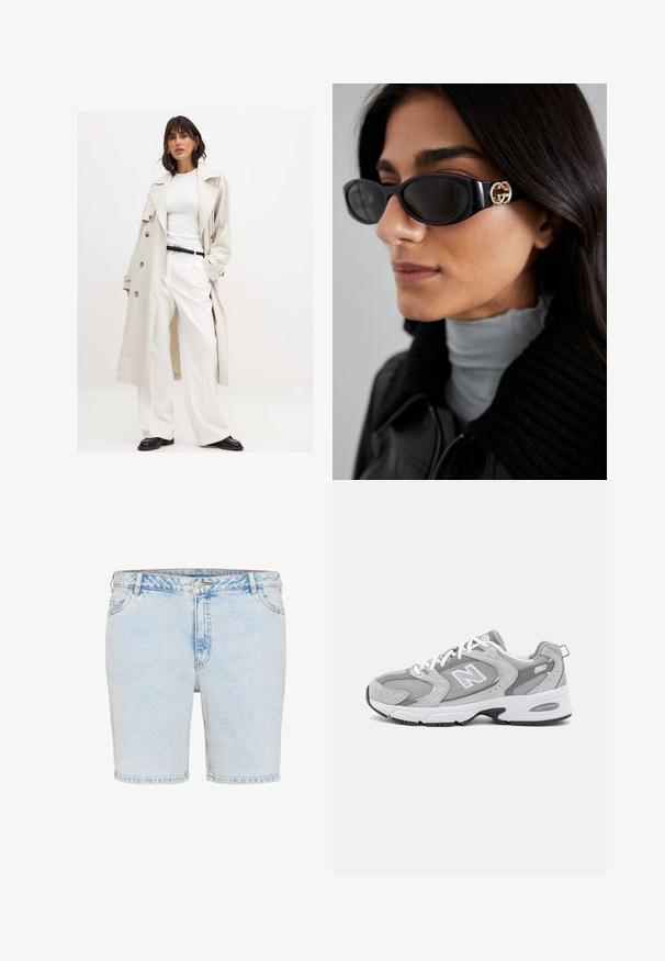 Helebež trensš coat suurte nööpidega, seljas valge ribatopsi ja valged laiad püksid. Must vöö ja mustad kingad lõpetavad väljanägemise.; Kaks ilma varrukat tank topi: üks valge, ribaga tekstuuriga ja teine helehall, mõõduka halli mustriga. Mõlemal on ümmargused kaelused.; Heledad sinine teksapükste lühikeste pükste sirge lõikega, viie tasku ja nähtava õmblusega. Omab nööpi ja tõmblukku.; Hallid hallid spordijalatsid, millel on võrkmaterjalist ja nahast pealisosa, valged siidid ja must vooder. Omab silmapaistvat "N" logo ja pehmendatud krae.; Mustad musternuga prillid, millel on ansamblil süsimust ristkülikukujuline raam ja külgedel kuldne logo. Tumeda objektiiviga ja läikiv viimistlus on silmatorkavad.; Pruun nahast käekott ümarate vormidega, kahekordse käepidemega ja peente õmblusdetailidega. Omab lukuga küljetaskut lisafunktsionaalsuse jaoks.