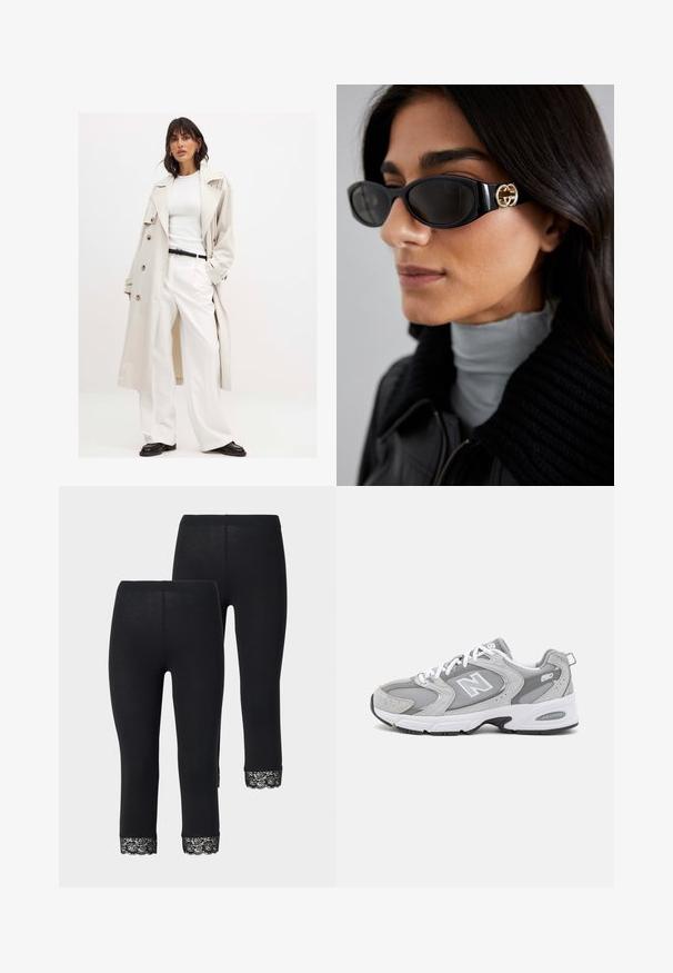 Lichtbeige trenchcoat met grote knopen, gedragen over een witte ribbeltop en witte wijde broek. Een zwarte riem en zwarte schoenen maken de look af.; Twee tanktops tentoongesteld, één zwart en één wit. Beide hebben een geribbelde textuur en brede bandjes met een ronde halslijn.; Zwarte leggings met een nauwsluitend ontwerp, voorzien van kantdetails aan de zoom, gemaakt van een zachte, rekbare stof.; Grijze sportieve schoenen met een bovenwerk van mesh en suede, witte veters en een zwarte buitenzool. Voorzien van een opvallend "N"-logo en een gevoerde kraag.; Zwarte zonnebril met een stijlvolle rechthoekige montuur en een gouden logo-accent aan de zijkant. Donkere lenzen en een glanzende afwerking zijn opvallend.; Bruin suède handtas met een ronde vorm, dubbele handvatten en subtiele stiksels. Bevat een ritszak aan de zijkant voor extra functionaliteit.
