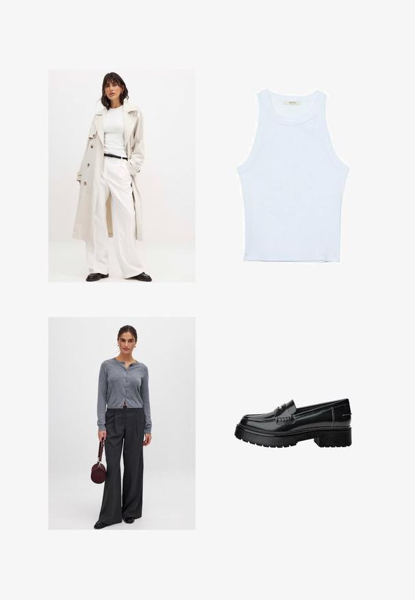 Hellbeige Trenchcoat mit großen Knöpfen, getragen über einem weißen gerippten Oberteil und weißen weiten Hosen. Ein schwarzer Gürtel und schwarze Schuhe runden den Look ab.; Weißes Tanktop, gerippte Textur, runder Ausschnitt, ärmelloses Design, enganliegende Form, dezente Markenkennzeichnung im Etikett im Kragenbereich.; Grauer, knopfverschlossener Cardigan mit gerippter Textur, kombiniert mit hochgeschnittenen, gestreiften weiten Hosen. Das Model hält eine runde, burgunderfarbige Tasche.; Schwarze Lacklederschlüpfer mit einer klobigen Sohle, ausgestattet mit einem dekorativen Riemen und subtilen Nähten. Gummierte Textur auf der Außensohle.