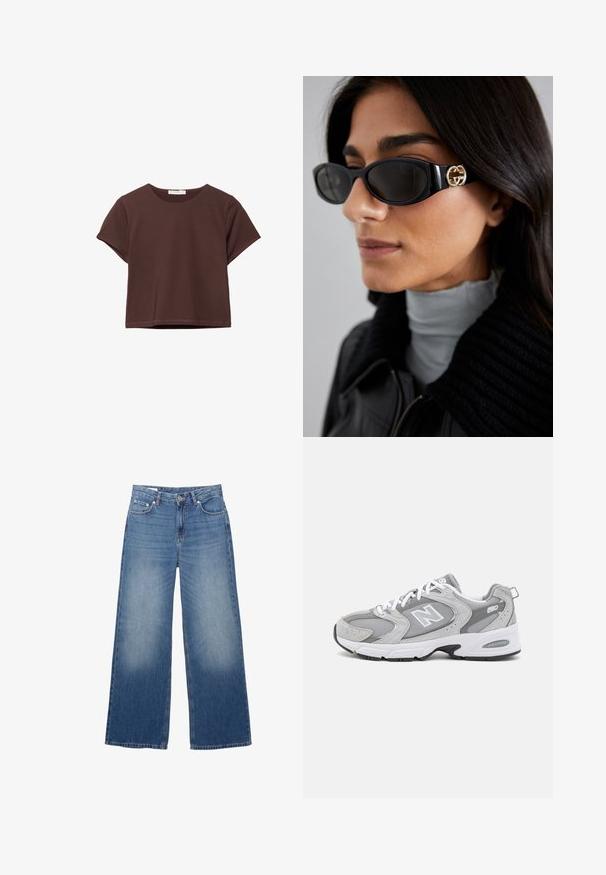 Light beige trench coat with large buttons, worn over a white ribbed top and white wide-leg pants. Black belt and black shoes complete the look.; Short brown cropped t-shirt with short sleeves and a round neckline, displayed on a white background.; Wide-leg, light blue denim jeans with a faded appearance, five pockets, and a button closure at the waist. Cotton material, straight cut.; Grey athletic shoes with a mesh and suede upper, white laces, and a black outsole. Features a prominent "N" logo and padded collar.; Black sunglasses featuring a sleek rectangular frame with a gold logo accent on the side. Dark lenses and glossy finish are prominent.