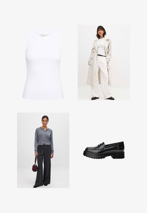 Trench coat beige chiaro con grandi bottoni, indossato sopra un top bianco a coste e pantaloni bianchi a gamba larga. Una cintura nera e scarpe nere completano il look.; Canotta bianca a coste con scollatura rotonda e senza maniche. Tessuto elastico e design aderente. Etichetta sul retro con la scritta "GESTUZ."; Cardigan grigio con bottoni in cima, caratterizzato da una texture a coste, abbinato a pantaloni larghi a vita alta con righe. Il modello tiene in mano una borsa rotonda color borgogna.; Mocassini in vernice nera con suola spessa, caratterizzati da una fascia decorativa e dettagli di cucitura discreti. Texture gommoso sulla suola.