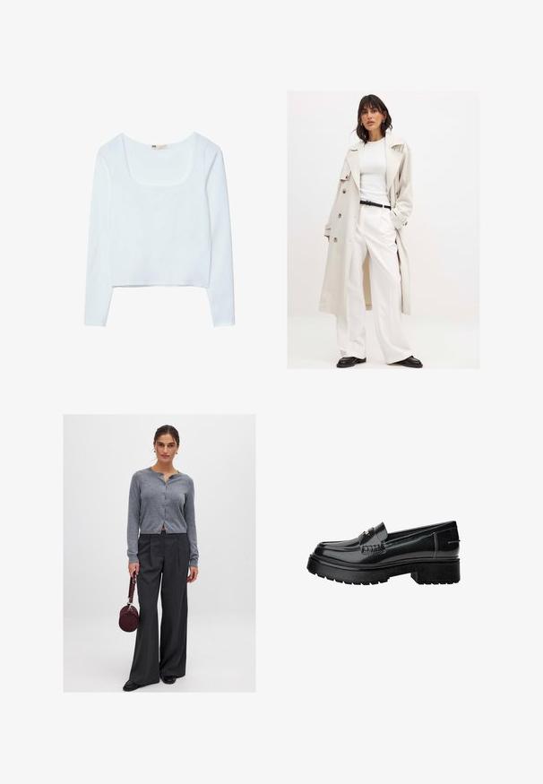 Hellbeige Trenchcoat mit großen Knöpfen, getragen über einem weißen gerippten Oberteil und weißen weiten Hosen. Ein schwarzer Gürtel und schwarze Schuhe runden den Look ab.; Weißes, langärmeliges, cropped Top mit quadratischem Ausschnitt und glattem, strukturiertem Stoff. Keine sichtbaren Muster oder Hardware-Details.; Grauer, knopfverschlossener Cardigan mit gerippter Textur, kombiniert mit hochgeschnittenen, gestreiften weiten Hosen. Das Model hält eine runde, burgunderfarbige Tasche.; Schwarze Lacklederschlüpfer mit einer klobigen Sohle, ausgestattet mit einem dekorativen Riemen und subtilen Nähten. Gummierte Textur auf der Außensohle.