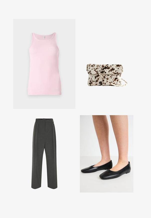 Helebež trensš coat suurte nööpidega, seljas valge ribatopsi ja valged laiad püksid. Must vöö ja mustad kingad lõpetavad väljanägemise.; Roosa ribaga särk ringja kaeluse ja varrukateta disainiga. Kanga tekstuur on sile ja tihedalt istuv, puhta äärisega.; Hallid laia jalaga püksid tekstuurse kangaga, millel on kõrge vöökoht ja ees voldid. Disainis on sile vöökoht ja nähtamatud kinnitused.; Mustad mustad ballet kingad, mis on valmistatud siledast nahast, ümara varbaga ja madala, lame tallaga, millel on libisev disain ja ilma nähtava riistvarata.; Lehmustest nahkakott, millel on kreemi tooni põhi tumedate pruunide laikudega, ristkülikukujuline kuju, kokku klapitav klapp ja eemaldatav õlarihm.