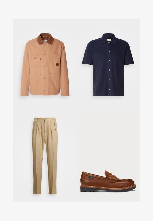 Béžová bunda vyrobená z bavlněné plátna s hnědým manšestrovým límcem. Obsahuje dvě náprsní kapsy, dvě spodní kapsy a zapínání na patentky.; Námořnická modrá polokošile s krátkým rukávem a klasickým límečkem, se zapínáním na knoflíky a malým vyšitým logem na prsou.; Béžové lněné kalhoty rovného střihu, s dvěma předními sklady, zapínáním na knoflík a bočními kapsami. Strukturovaná tkanina s hladkým povrchem.; Hnědé kožené mokasíny s dekorativním prošíváním a texturovanou špičkou. Podešev má robustní design, který poskytuje trakci a odolnost.