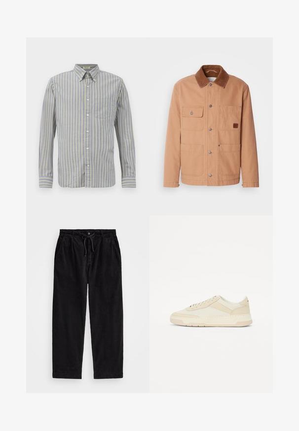 Hnedý kabát vyrobený z bavlneného plátna s hnedým zamatovým golierom. Obsahuje dve náprsné vrecká, dve dolné vrecká a zapínanie na pracku.; Košeľa na gombíky z modrej látky s tenkými žltými pruhmi, s golierom, dlhými rukávmi a náprsním vreckom. Dokončená bielymi gombíkmi.; Čierne manšestrové nohavice s uvoľneným strihom, s elastickým pásom a sťahovacou šnúrkou, a bočnými vreckami. Tkanina má rebrovanú štruktúru.; Béžové tenisky vyrobené z hladkej kože a textilu; nízkoprofilový dizajn s okrúhlou špičkou a šnurovaním; textúrované bočné akcenty.
