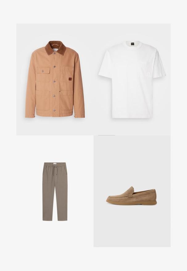 Sandfarvet jakke lavet af bomuldsdug med en brun kordfløjlskrage. Har to brystlommer, to nederste lommer og trykknaplukninger.; Hvid bomulds T-shirt med rund hals, korte ærmer og en lille brystlomme med et diskret prægede logo. Enkel og minimalistisk design.; Grå joggerbukser med elastisk talje, snøring og sidelommer. Stoffet virker glat med en afslappet pasform og indsnørede ben.; Brune ruskinds slip-on loafers med en glat overflade og broderede detaljer; har en gummisål for godt fodfæste.