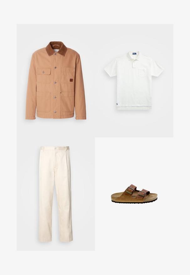 Chaqueta beige hecha de lona de algodón con un cuello de pana marrón. Cuenta con dos bolsillos en el pecho, dos bolsillos inferiores y cierres de botones a presión.; Camisa polo blanca de algodón, con un collar clásico, una tapeta de tres botones y un bolsillo en el pecho izquierdo; pequeño logo en el dobladillo.; Pantalones de algodón beige con corte recto, que cuentan con un cierre de botón y pliegues en la parte frontal para un detalle adicional.; Sándale de cuero marrón con dos correas ajustables, plantilla de corcho y suela de goma negra texturizada. Presenta hebillas de color plateado.