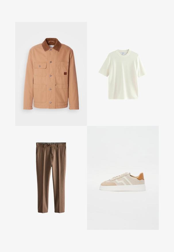Veste beige en toile de coton avec un col en velours côtelé marron. Elle possède deux poches poitrine, deux poches basses et des fermetures à pression.; T-shirt crème à manches courtes en tissu texturé, avec un col rond et une coupe décontractée. Sans motifs ni embellissements supplémentaires.; Pantalons marron ajustés en tissu texturé. Dotés d'une fermeture à un bouton, de deux poches avant et d'une coupe droite.; Baskets beiges avec une combinaison de cuir lisse et de daim. Présentent des accents blancs, des lacets plats et une semelle légèrement plate.