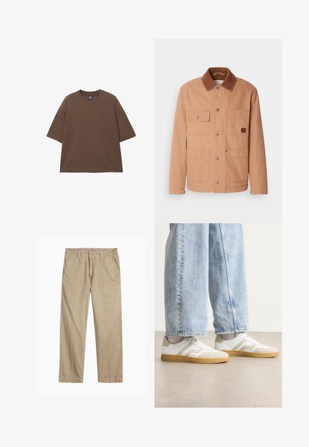 Sandfarvet jakke lavet af bomuldsdug med en brun kordfløjlskrage. Har to brystlommer, to nederste lommer og trykknaplukninger.; Brun oversized t-shirt lavet af blød bomuld, med rund halsudskæring og korte ærmer. Sømløst design uden yderligere mønstre eller detaljer.; Beige lige ben chinos med bæltestropper, frontknap og lynlås lukning samt skrå frontlommer.; Hvide sneakers med beige ruskindsdetaljer og lyse gummisåler; har et low-top design og tekstureret detaljering på overdelen.