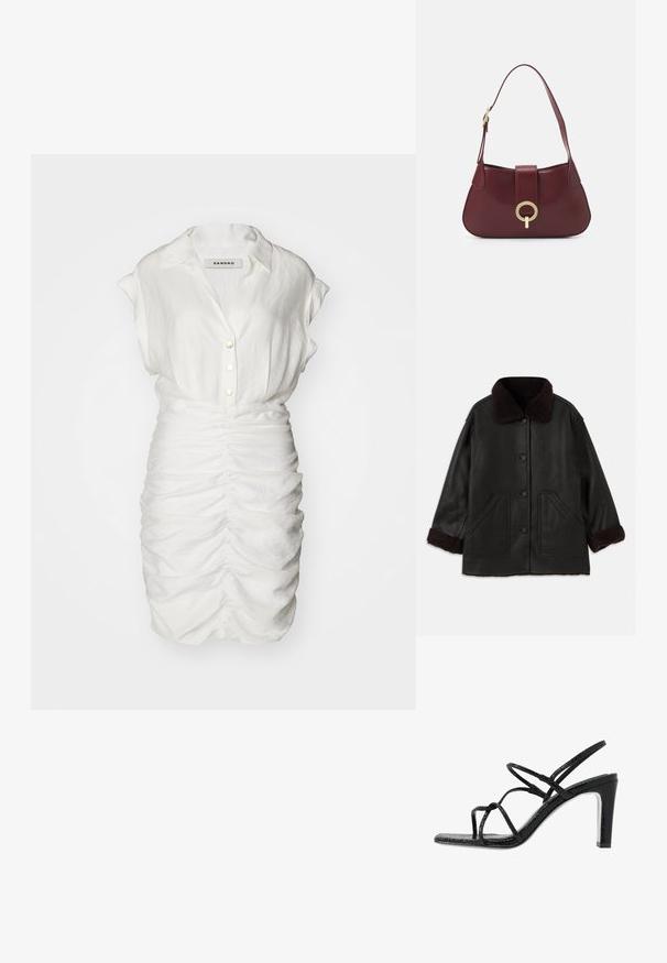 Schwarze Lederjacke mit braunem Schafsfellkragen und -manschetten, ausgestattet mit vorderen Knopfverschlüssen und zwei großen seitlichen Taschen.; Weißes kurzärmliges Hemdkleid mit geraffter Textur, ausgestattet mit einem Kragen und dekorativen vorderen Knöpfen für eine taillierte Silhouette.; Schwarze Absatzsandalen mit dünnen Riemen, strukturiertem Finish, offener Zehenpartie und einem eleganten, spitzen Absatzdesign. Verfügt über eine glatte Innensohle und eine glänzende Oberfläche.; Burgunderfarbene Lederhandtasche mit geschwungener Form, einem goldenen, runden Hardware-Akzent und einem einzigen Schultergurt. Glatte Textur, minimalistisches Design.