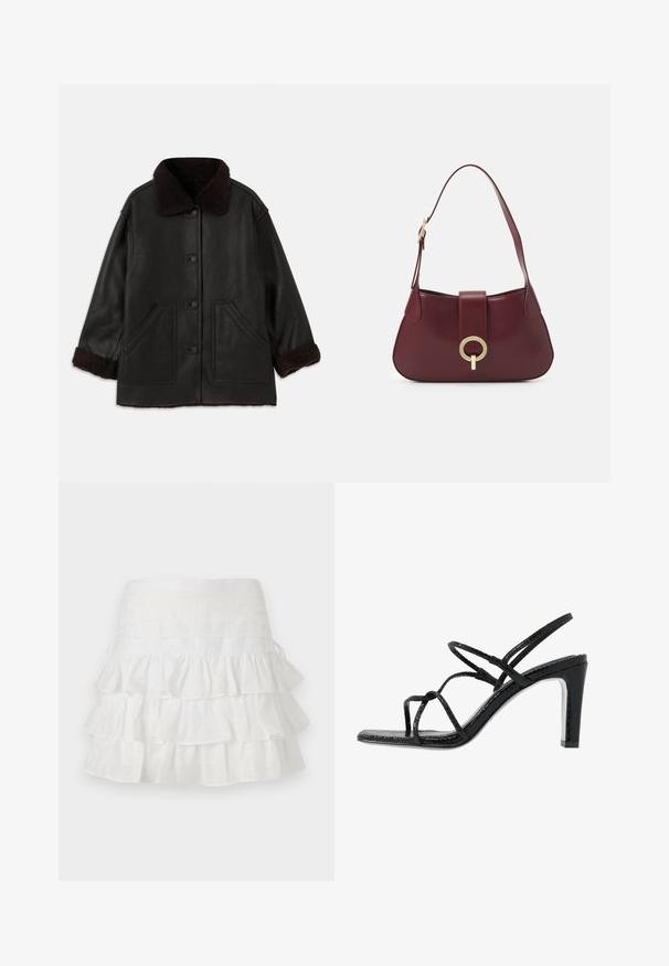 Schwarze Lederjacke mit braunem Schafsfellkragen und -manschetten, ausgestattet mit vorderen Knopfverschlüssen und zwei großen seitlichen Taschen.; Graue gestrickte Kurzarm-Cardigan mit einem Zopfmuster, ausgestattet mit einem Denim-Kragen und fünf goldenen Knöpfen auf der Vorderseite.; sandro JUPE - Minirock - blanc; Schwarze Absatzsandalen mit dünnen Riemen, strukturiertem Finish, offener Zehenpartie und einem eleganten, spitzen Absatzdesign. Verfügt über eine glatte Innensohle und eine glänzende Oberfläche.; Burgunderfarbene Lederhandtasche mit geschwungener Form, einem goldenen, runden Hardware-Akzent und einem einzigen Schultergurt. Glatte Textur, minimalistisches Design.