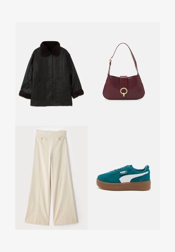 Crna kožna jakna s smešnim krznom na ovratniku i manžetama, s prednjim dugmadima i dva velika bočna džepa.; Skraćena košulja s dugim rukavima u svijetlozelenom i bijelom kariranom uzorku. Ima bijeli ovratnik i dugih rukava s dugmadi na manžetama. Mekani materijal.; Bež široke hlače visokog struka, s dva dekorativna prednja džepa i zlatnim dugmadi sa svake strane. Glatka tekstura tkanine.; Teal zamšni tenisice s bijelom prugom i zlatnim oznakama. Imaju debeli smeđi gumeni potplat i dizajn s okruglim vrhom. Zatvaranje na vezivanje.; Bordo kožna torbica s zakrivljenim oblikom, zlatnim kružnim detaljem i jednim remenom za rame. Glatka tekstura, minimalistički dizajn.