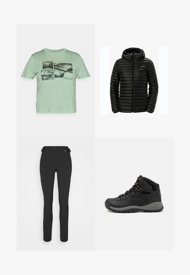 Černá péřová bunda s kapucí, zipovým zapínáním, prošívaným designem a elastickými manžetami. Vyrobena z lehkého, lesklého materiálu.; Mátově zelené tričko z měkké látky, s černým grafickým designem malebných krajin rozloženým na přední straně ve čtyřech panelech.; Černé, přiléhavé kalhoty vyrobené z pružného materiálu. Mezi funkce patří boční kapsa na zip, anatomické kolena a hladký povrch.; Černé turistické boty s mírně vyšším střihem, které mají texturovaný svršek, šedé detaily a odolnou gumovou podrážku s trakčními výstupky.