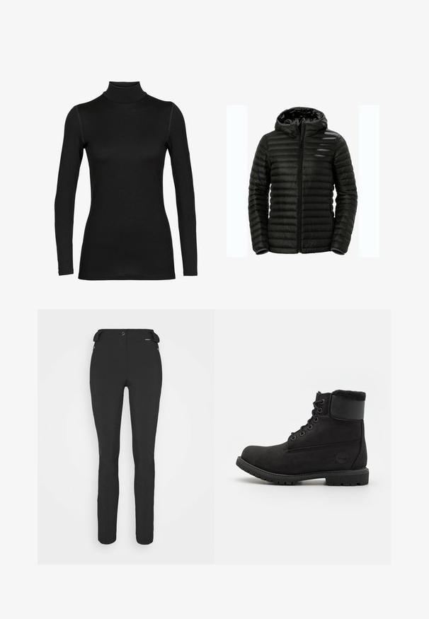 Černá péřová bunda s kapucí, zipovým zapínáním, prošívaným designem a elastickými manžetami. Vyrobena z lehkého, lesklého materiálu.; Černý svetr s dlouhým rukávem a vysokým límcem vyrobený z hladkého, elastického materiálu. Má přiléhavý střih bez švů na ramenou a vysoký límec.; Černé, přiléhavé kalhoty vyrobené z pružného materiálu. Mezi funkce patří boční kapsa na zip, anatomické kolena a hladký povrch.; Černé kožené kotníkové boty s kulatou špičkou, šněrovacím předním dílem, umělou kožešinou kolem kotníku a gumovou podrážkou. Obsahují označení značky na boku.