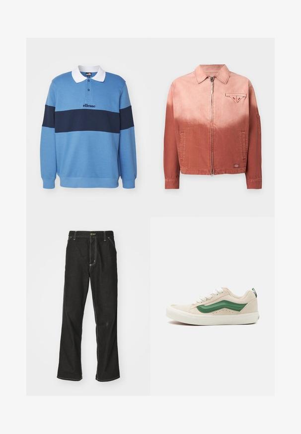 Denimdzseki peacheről rozsdaszínre fokozatosan. Elöl cipzárral, hegyes gallérral és egy mellzsebbel rendelkezik, amelynek háromszögletű fedél van.; Ellesse CIVARO - Melegítőfelső - blue/navy; Fekete farmernadrág laza szabással, kontrasztos fehér varrással, gombos záródással és egyenes lábmegoldással.; Beige velúr sportcipő, zöld bőr díszítéssel, kerek középtalppal, fehér fűzőkkel és textúrázott részletekkel az oldalakon. A gumi talp jól látható.