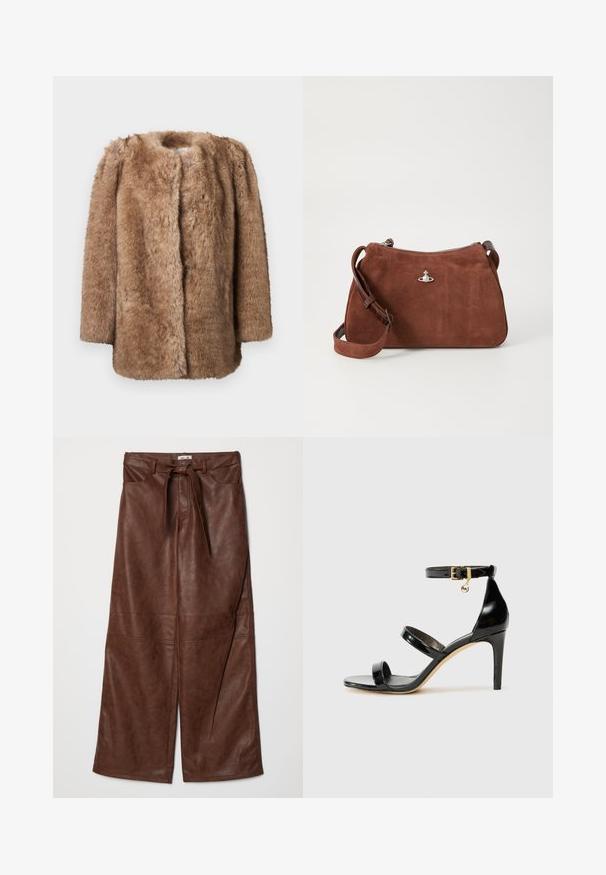 Palton din blană sintetică maro cu o textură moale, cu deschidere în față și mâneci trei sferturi. Are o croială dreaptă și un design minimalist.; Pulover tricotat bej cu dungi, cu decolteu adânc în V, mâneci lungi și un panou texturat la piept. Lungime scurtă cu o croială lejeră.; Baum und Pferdgarten NADENE - Pantaloni - washed java; Sandale negre din piele lacuită, cu trei curele, cataramă la glezna și toc stiletto de 10 cm. Prezintă detalii din metal auriu și un charm cu logo.; Geantă din suede maro, cu închidere prin fermoar, curea de umăr reglabilă și detalii metalice argintii, având o suprafață texturată subtilă.